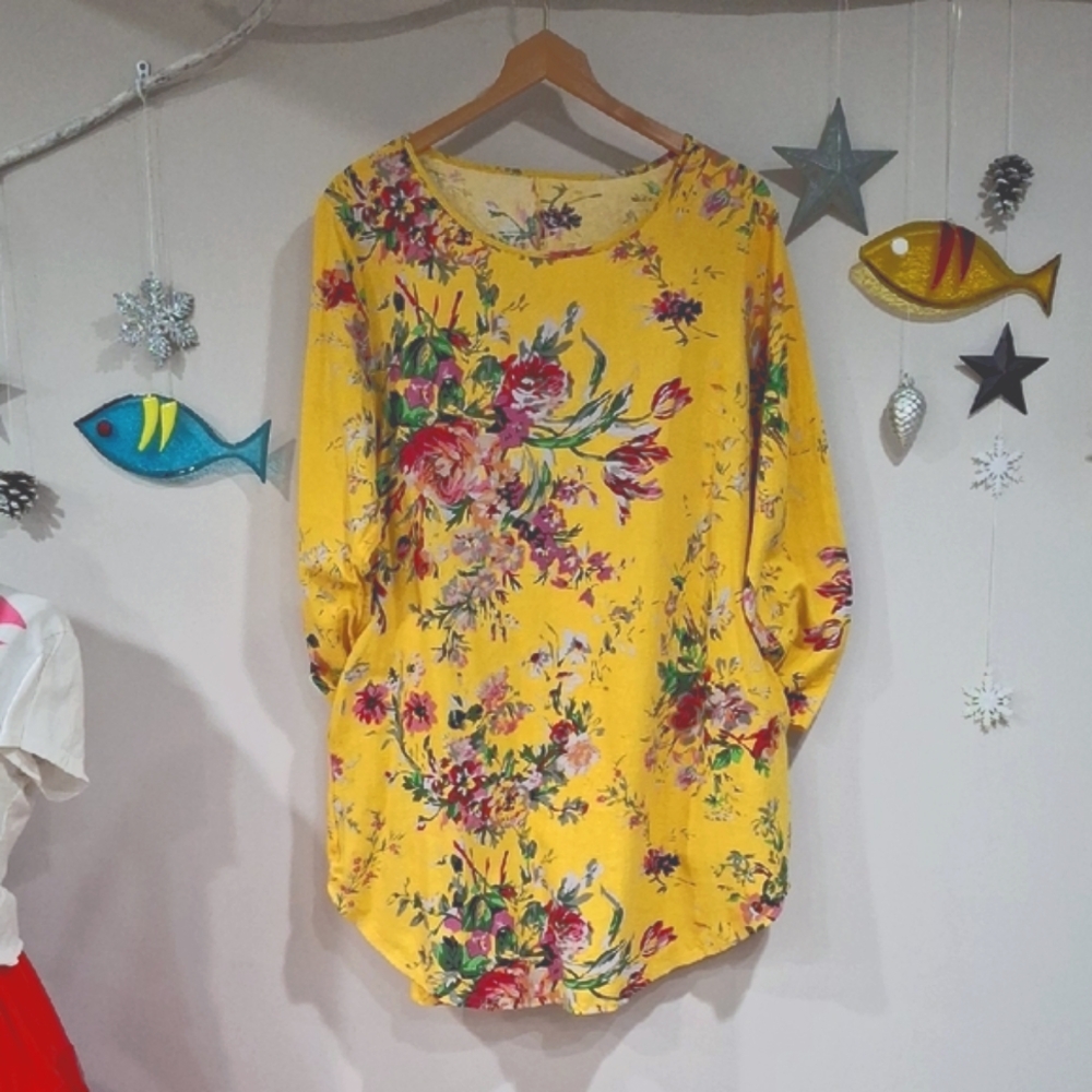 100% Linen/Cotton Floral Yellow Women's Top